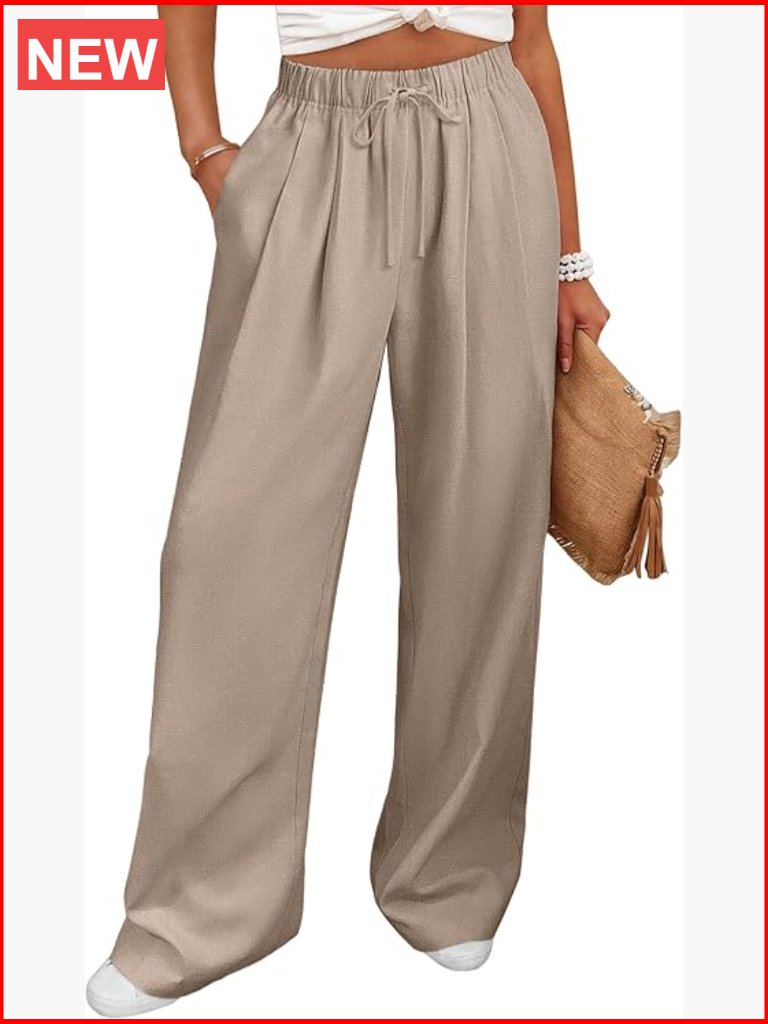 Wide Leg Linen Palazzo Pants Elastic Waist Drawstring Pockets